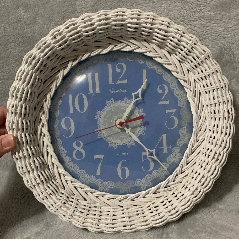 Cosmotime Retro Wicker Wall Clock Blue Lace Face Quartz Battery Operated Vintage